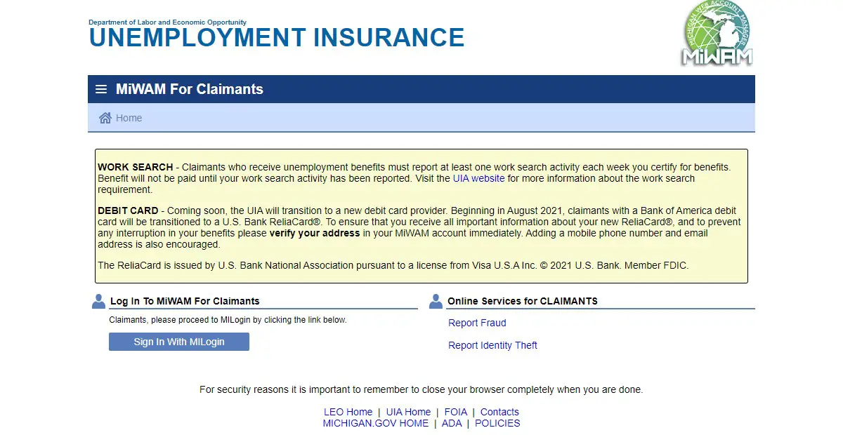 Reclamo de beneficios de desempleo de inicio de sesión de MiWAM en www.michigan.gov/uia